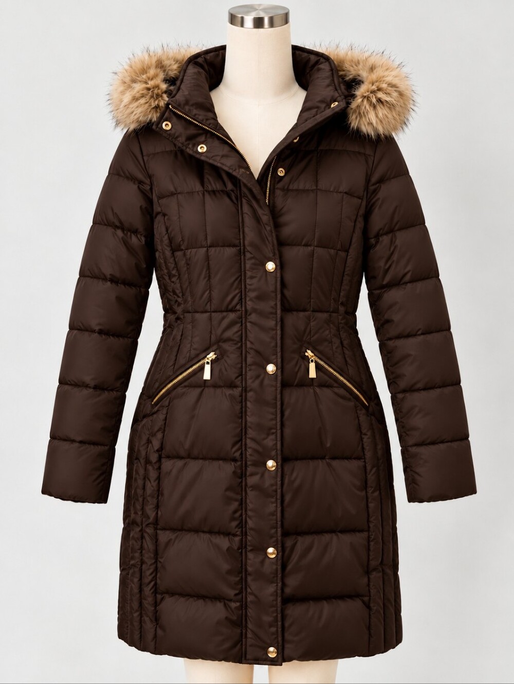 Michael Kors Dark Brown Quilted Long Puffer Coat with Faux-Fur Trim